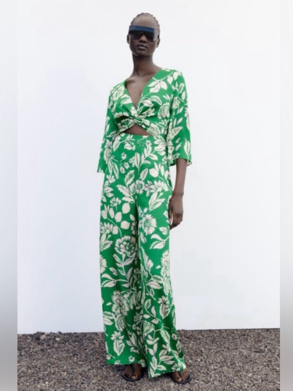 Zara Green, Purple and Ivory Floral Twist-Front Open Jumpsuit